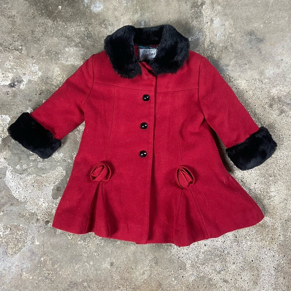 Vintage Rothschild Peacoat Girls 18M Red Wool Long Coat Lined Black Faux Fur